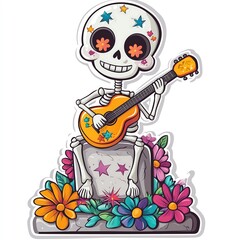 Cute spooky skeleton skull playing ukulele on grave with flowers cartoon sticker white background