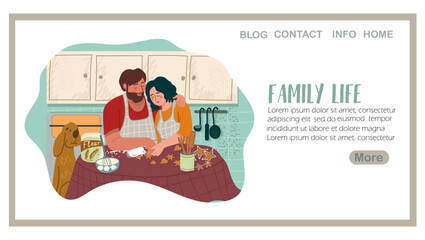 Landing page family life, A couple making cookies together, cooking in the kitchen, a cozy evening, hand drawn vector illustration.