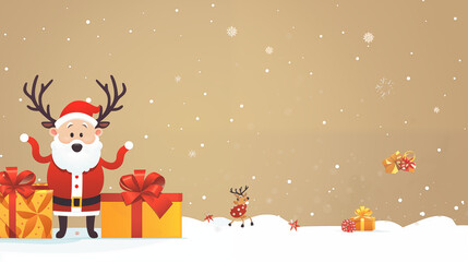 A cheerful reindeer in a Santa costume waves next to colorful Christmas gifts, surrounded by festive trees and falling snowflakes, creating a joyful holiday atmosphere.
