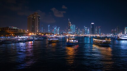 Panoramic view of Dubai Creek with the city's modern skyline illuminated at night