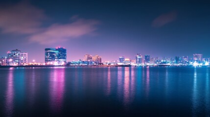 Obraz premium Panoramic view of Dubai Creek with the city's modern skyline illuminated at night