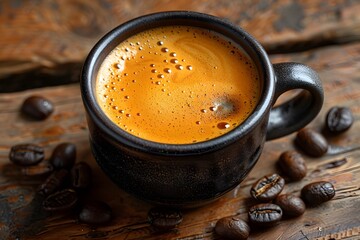 Rustic Coffee Scene with Freshly Brewed Espresso in a Black Cup on Wooden Table