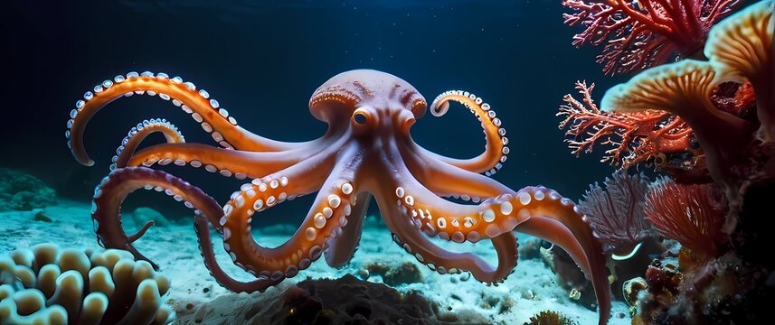 A close up of an octopuss tentacle curling around coral its suction cups in sharp focus