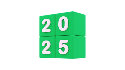 2025 happy new year 3d renderig of green cube with text isolated on white or  png transparent