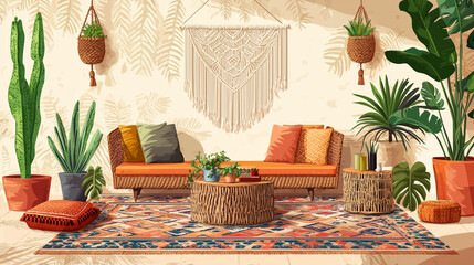 Bohemian inspired living room with plants, wicker furniture, and macramé decor.