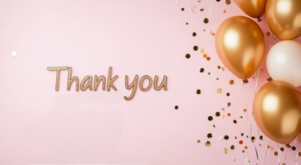 Celebrate with colorful balloons and confetti thanking guests at a joyful party backdrop
