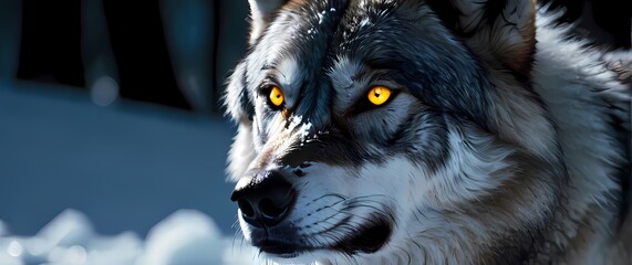 A close up of a wolfs piercing yellow eyes frost visible on its whiskers