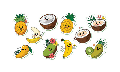  Set of 10 Cute Kawaii Fruit Illustrations, Pineapple, Banana, Coconut, Avocado