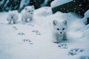 Adorable arctic foxes bound through soft, sparkling snow, leaving a trail of paw prints in their...