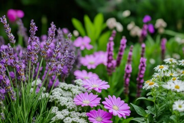 Colorful flower garden with various blooms in soft natural light
