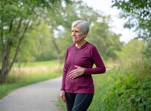 Elderly woman in sportswear appears pained during a park exercise
