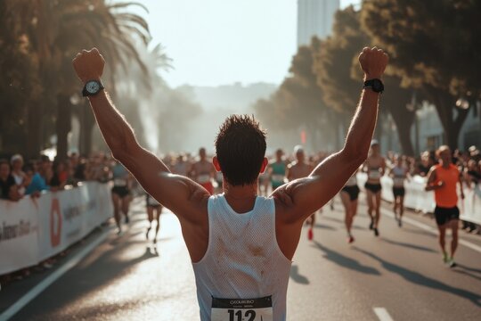 A triumphant runner crosses the marathon finish line, arms raised in victory beneath sun-dappled trees and supportive onlookers.