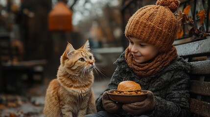 Young Boy Shares Meal with Street Cat on Park Bench Depicting Kindness in Unexpected Places
