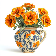 Bright marigold flowers in a decorative ceramic pot with detailed texture isolated on white background.