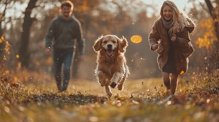 Couple and their Playful Dog Enjoy in Autumn Park