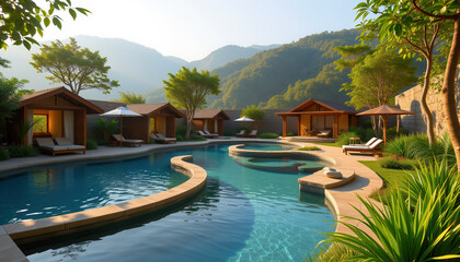 Fototapeta premium Crystal clear water laps the edge of a luxurious pool, surrounded by swaying palm trees and promising a tropical escape
