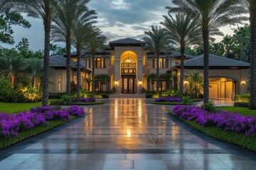 Fototapeta premium Luxurious modern mansion grand entrance symmetrical facade