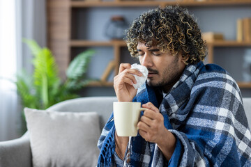 A man wrapped in a plaid blanket, battling a cold indoors, holds a cup and tissue. He appears to be...