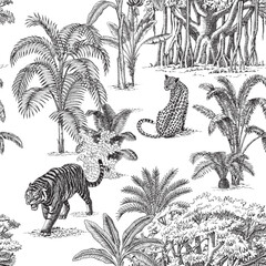 Jungle toile jungle seamless pattern. Tropical palm tree, plants, tiger, leopard animals wallpaper.	