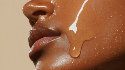 Close up Beauty portrait of african american woman with clean healthy dark skin on neutral background. Smiling dreamy beautiful afro haitstyle girl. Curly black hair.