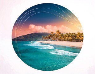 Fototapeta premium Retro tropical beach with collage art abstract background, featuring abstract shapes, palm trees, and vivid colors evoking a nostalgic summer vibe. A blend of vintage and modern design elements.