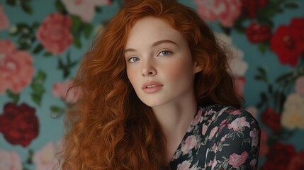 Fototapeta premium Portrait of a red-haired woman with long curly hair on a multicolored floral background in glamorous style