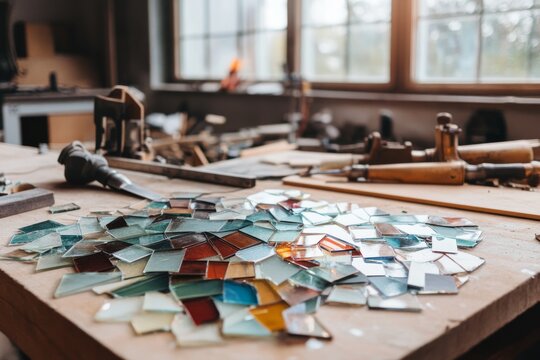A collection of colorful glass pieces on a sunny workbench, surrounded by woodworking tools, suggesting a creative project in progress.