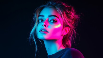 Fototapeta premium Young caucasian female with neon lights and colorful makeup
