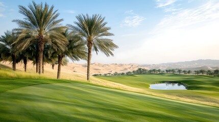 Obraz premium The rolling dunes of the desert gently slope down to unveil a lush hidden grove, where tall palm trees sway in the light breeze and a sparkling oasis reflects the bright blue sky above.