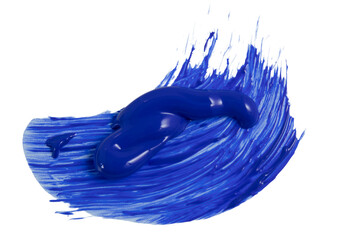 Thick glossy blue paint is smeared on a white background, creating an artistic and vibrant visual