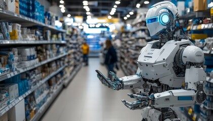 Fototapeta premium Robot Assistant in Retail Store Helping Customers Find Products, Providing Efficient Service