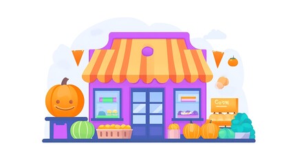 Fototapeta premium A cheerful cartoon storefront sells autumn harvest pumpkins and other produce