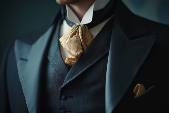A gentleman in a dark suit with a golden cravat stands with elegant poise, showcasing the fine detailing and luxurious textures of his attire.