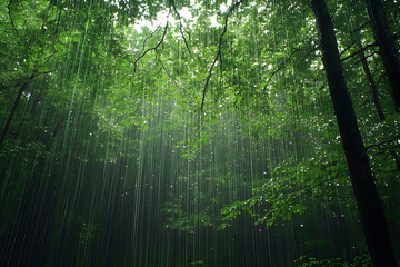Rain falling through lush green forest canopy.