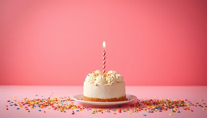 Birthday colorful cup cake with candle isolated on pink background