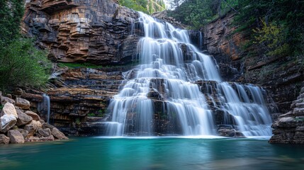 Obraz premium High-end photography of a beautiful waterfall cascading down a rocky cliff into a serene pool