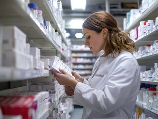 Pharmacist organizing medications on shelves and handling prescriptions in a pharmacy environment