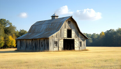 Obraz premium Rustic weathered barn in golden field under clear sky.