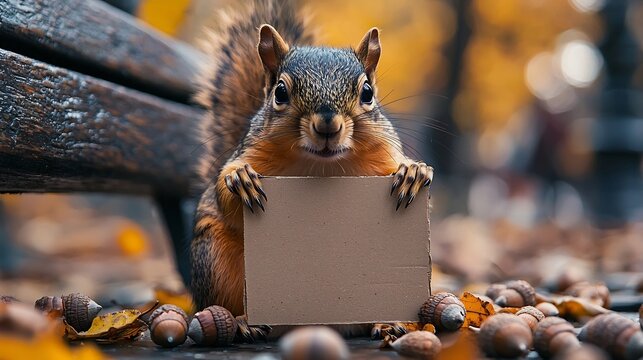 Mischievous Squirrel Holding Blank Cardboard Sign on Park Bench with Scattered Acorns