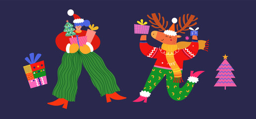 Naklejka premium Christmas decorative banner with funny characters