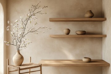Minimalist interior wabi sabi aesthetic floating wooden shelves textured beige wall
