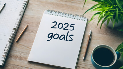 A spiral notebook labeled 2025 goals sits on a wooden desk surrounded by vibrant green plants, a coffee cup, and a pencil, symbolizing an organized and aspirational workspace