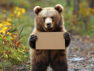 Obraz premium Friendly Bear Holding a Blank Cardboard Sign in Forest Clearing