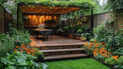 Obraz premium Modern garden patio with pergola, deck, and lush landscaping.
