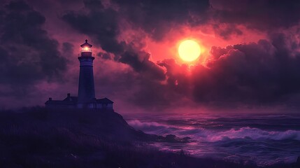 Lighthouse at Sunset: Dramatic Digital Painting of a Coastal Storm. AI Generated