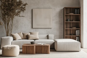 Minimalist living room Scandinavian design light gray sofa wooden coffee table beige pouf