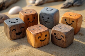 A collection of cheerful wooden cubes with smiley faces on a sandy surface.