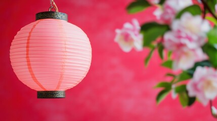 Obraz premium Delicate Pink Lantern Against Vibrant Red Background with Floral Accents