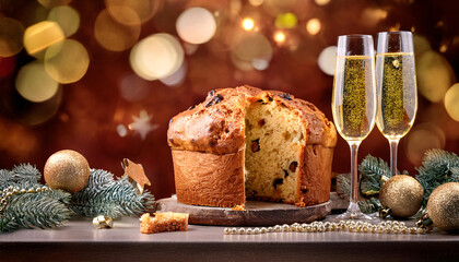 A festive table setting with a Panettone cake, two glasses of sparkling wine, and golden decorations. Generative AI