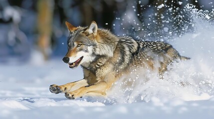Obraz premium Wolf sprinting across the cold snow